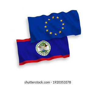 National vector fabric wave flags of European Union and Belize isolated on white background. 