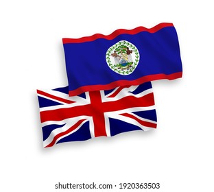 National vector fabric wave flags of Great Britain and Belize isolated on white background. 1 to 2 proportion.