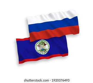 Banderas de ondulación de tela vectorial nacional de Belice y Rusia aisladas en fondo blanco. de 1 a 2.