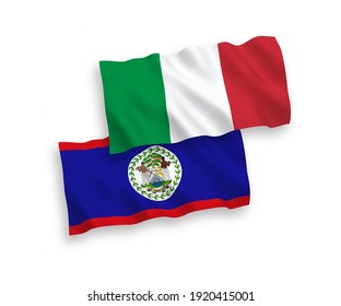 National vector fabric wave flags of Italy and Belize isolated on white background. 1 to 2 proportion.