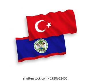 National vector fabric wave flags of Turkey and Belize isolated on white background. 1 to 2 proportion.