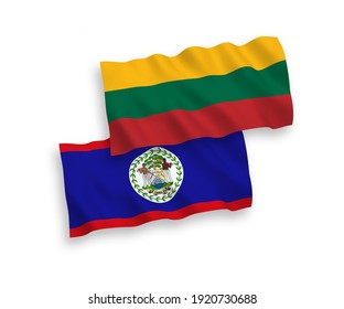 National vector fabric wave flags of Lithuania and Belize isolated on white background. 1 to 2 proportion.