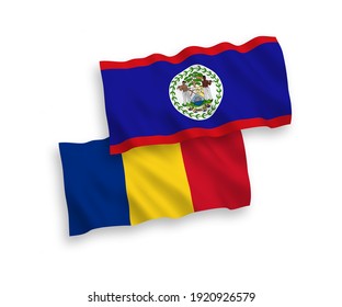 National vector fabric wave flags of Romania and Belize isolated on white background. 1 to 2 proportion.