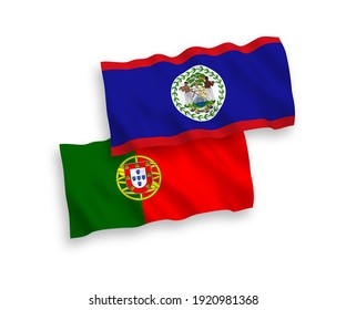 National vector fabric wave flags of Portugal and Belize isolated on white background. 1 to 2 proportion.