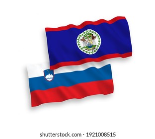 National vector fabric wave flags of Slovenia and Belize isolated on white background. 1 to 2 proportion.