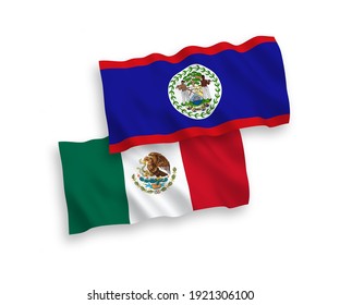 National vector fabric wave flags of Mexico and Belize isolated on white background. 1 to 2 proportion.