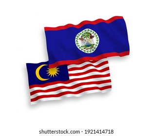 Banderas de ondulación de tela vectorial nacional de Belice y Malasia aisladas en fondo blanco. de 1 a 2.