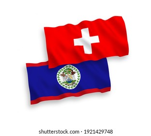 National vector fabric wave flags of Belize and Switzerland isolated on white background. 1 to 2 proportion.