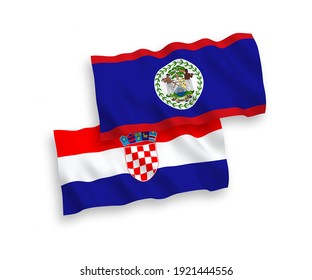 National vector fabric wave flags of Belize and Croatia isolated on white background. 1 to 2 proportion.