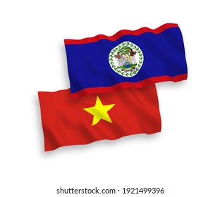 Banderas de tejido vectorial nacional ondean banderas de Belice y Vietnam aisladas en fondo blanco. de 1 a 2.
