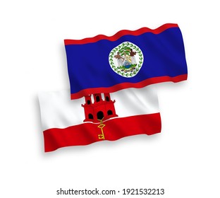Banderas de ondulación de tela vectorial nacional de Belice y Gibraltar aisladas en fondo blanco. de 1 a 2.