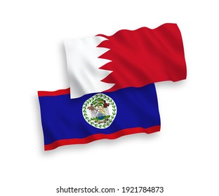 National vector fabric wave flags of Belize and Bahrain isolated on white background. 1 to 2 proportion.