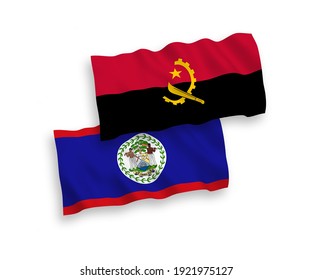 National vector fabric wave flags of Belize and Angola isolated on white background. 1 to 2 proportion.