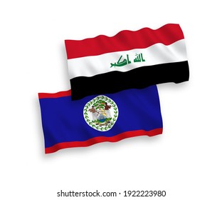 National vector fabric wave flags of Belize and Iraq isolated on white background. 1 to 2 proportion.