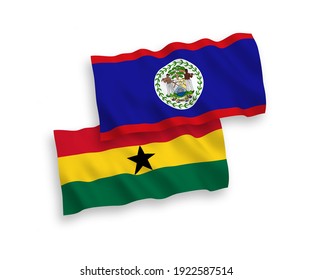 National vector fabric wave flags of Belize and Ghana isolated on white background. 1 to 2 proportion.