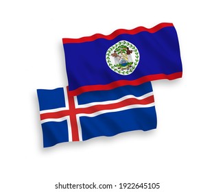 National vector fabric wave flags of Belize and Iceland isolated on white background. 1 to 2 proportion.