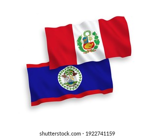 National vector fabric wave flags of Belize and Peru isolated on white background. 1 to 2 proportion.