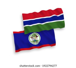 National vector fabric wave flags of Belize and Republic of Gambia isolated on white background. 1 to 2 proportion.