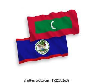 National vector fabric wave flags of Belize and Maldives isolated on white background. 1 to 2 proportion.