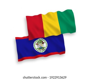 National vector fabric wave flags of Belize and Guinea isolated on white background. 1 to 2 proportion.