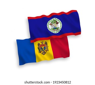 National vector fabric wave flags of Belize and Moldova isolated on white background. 1 to 2 proportion.