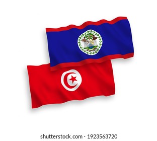 National vector fabric wave flags of Belize and Republic of Tunisia isolated on white background. 1 to 2 proportion.
