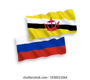 National vector fabric wave flags of Brunei and Russia isolated on white background. 1 to 2 proportion.