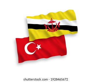 National vector fabric wave flags of Turkey and Brunei  isolated on white background. 1 to 2 proportion.