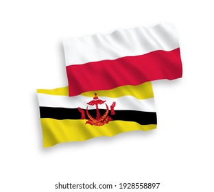 National vector fabric wave flags of Brunei and Poland isolated on white background. 1 to 2 proportion.