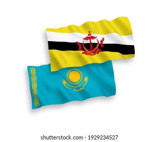 National vector fabric wave flags of Kazakhstan and Brunei isolated on white background. 1 to 2 proportion.