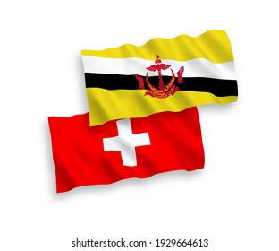 National vector fabric wave flags of Brunei and Switzerland isolated on white background. 1 to 2 proportion.