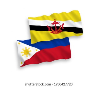 National vector fabric wave flags of Brunei and Philippines isolated on white background. 1 to 2 proportion.