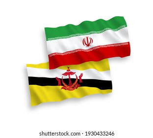 National vector fabric wave flags of Brunei and Iran isolated on white background. 1 to 2 proportion.