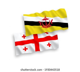 National vector fabric wave flags of Brunei and Georgia isolated on white background. 1 to 2 proportion.