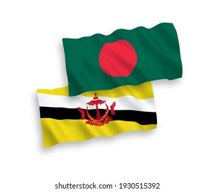 National vector fabric wave flags of Brunei and Bangladesh isolated on white background. 1 to 2 proportion.
