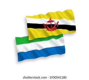 National vector fabric wave flags of Brunei and Sierra Leone isolated on white background. 1 to 2 proportion.