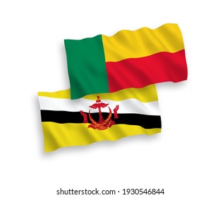 National vector fabric wave flags of Brunei and Benin isolated on white background. 1 to 2 proportion.