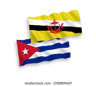 National vector fabric wave flags of Brunei and Cuba isolated on white background. 1 to 2 proportion.