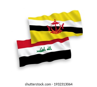 Banderas de ondulación de tela vectorial nacional de Brunei e Iraq aisladas en fondo blanco. de 1 a 2.