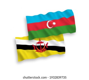 Banderas de la ola de tela vectorial nacional de Brunei y Azerbaiyán aisladas en fondo blanco. de 1 a 2.