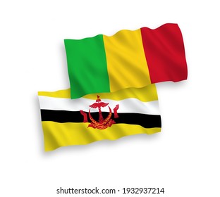 National vector fabric wave flags of Brunei and Mali isolated on white background. 1 to 2 proportion.