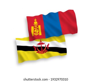 National vector fabric wave flags of Brunei and Mongolia isolated on white background. 1 to 2 proportion.