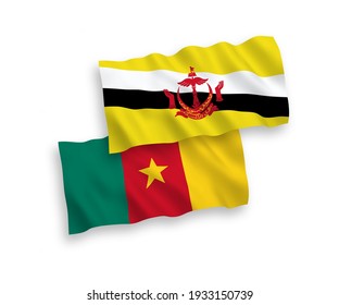 National vector fabric wave flags of Brunei and Cameroon isolated on white background. 1 to 2 proportion.