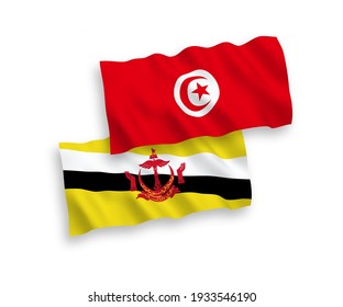 National vector fabric wave flags of Brunei and Republic of Tunisia isolated on white background. 1 to 2 proportion.