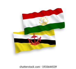 Banderas de la ola de tela vectorial nacional de Brunéi y Tayikistán aisladas en fondo blanco. de 1 a 2.