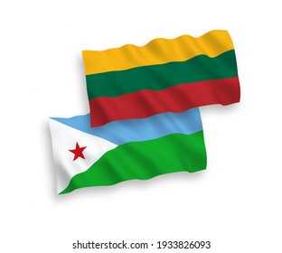 Banderas de olas de tela vectorial nacional de Lituania y la República de Djibouti aisladas en fondo blanco. 