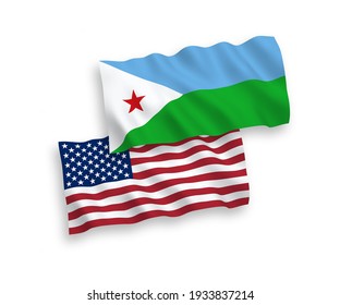 Banderas de olas de tela vectorial nacional de la República de Djibouti y los Estados Unidos aisladas en fondo blanco. de 1 a 2.