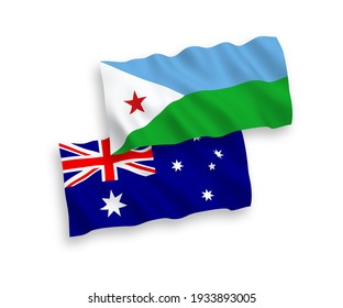 National vector fabric wave flags of Australia and Republic of Djibouti isolated on white background. 1 to 2 proportion.
