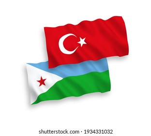 Banderas de olas de tela vectorial nacional de Turquía y la República de Djibouti aisladas de fondo blanco. de 1 a 2.