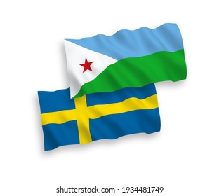 National vector fabric wave flags of Sweden and Republic of Djibouti isolated on white background. 1 to 2 proportion.